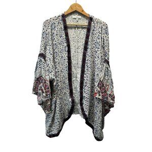 New Directions Curvy Duster Womens 0x 1x White Blue Floral Bell Sleeve Kimono